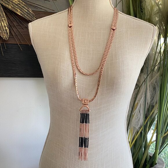 FAC Rose Gold Tone Layered Tassel Sweater Necklace NWT - Picture 1 of 10